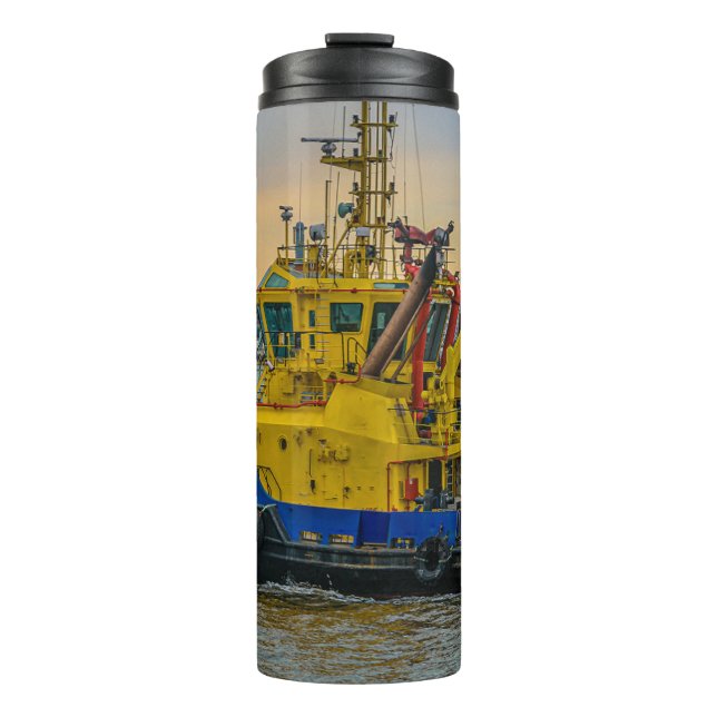 Tugboat sailing at river, montevideo, uruguay thermal tumbler (Front)