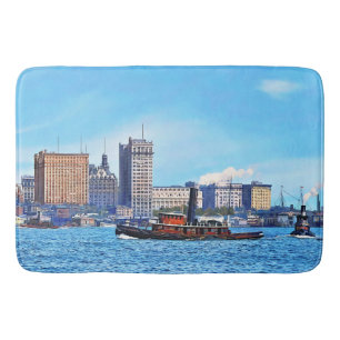 Tugboats Near the New York City Skyline c1906 Bath Mat