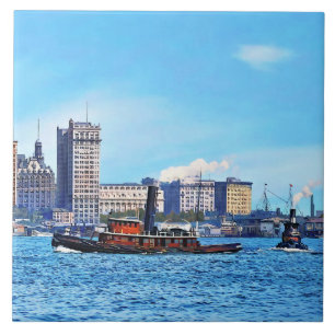 Tugboats Near the New York City Skyline c1906 Ceramic Tile