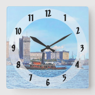 Tugboats Near the New York City Skyline c1906 Square Wall Clock