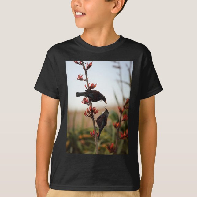 Tui birds on New Zealand flax bush T-Shirt (Front)