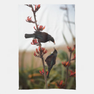 Tui birds on New Zealand flax bush Tea Towel