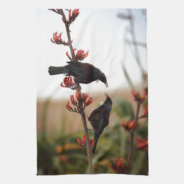 Tui birds on New Zealand flax bush Tea Towel (Vertical)