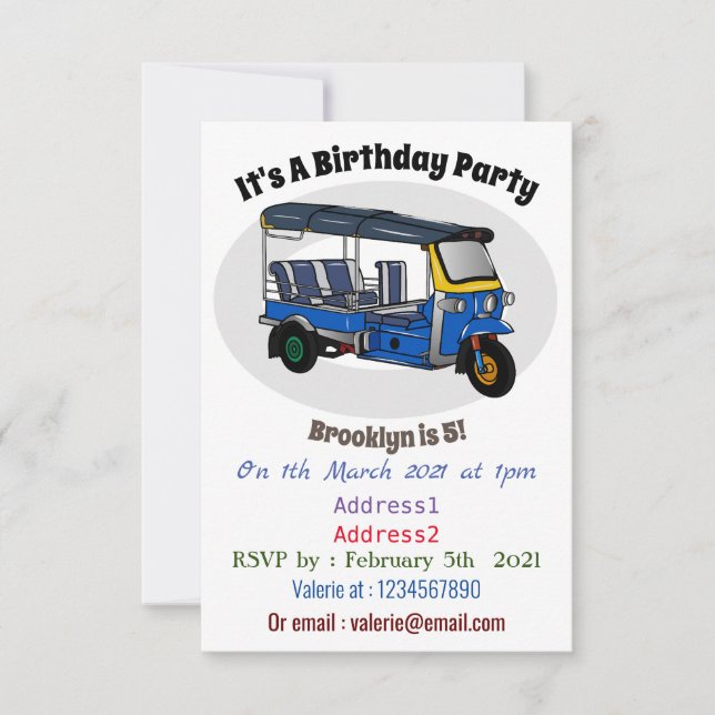 Tuk tuk cartoon illustration invitation (Front)