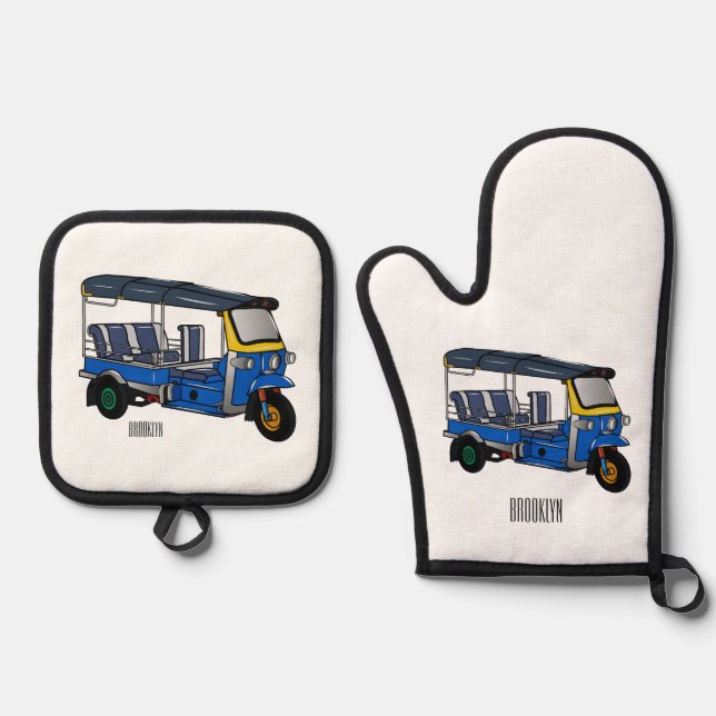Tuk tuk cartoon illustration oven mitt & pot holder set (Front)