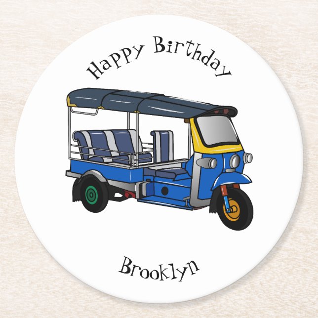 Tuk tuk cartoon illustration round paper coaster (Front)