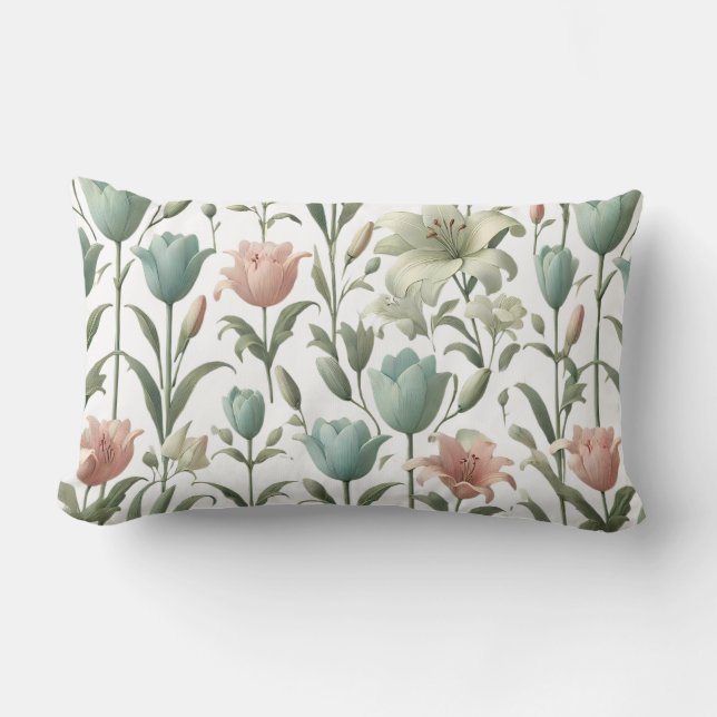 Tulip and Lily Soft Floral Pattern Lumbar Cushion (Front)