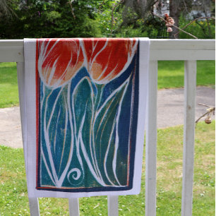 Tulip Artwork blue and red tulips spring Tea Towel