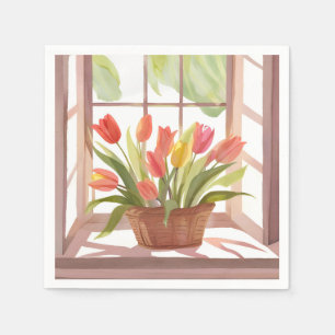 Tulip Basket Floral Watercolor Window Painting Napkin