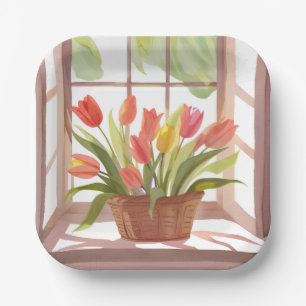 Tulip Basket Floral Watercolor Window Painting Paper Plate