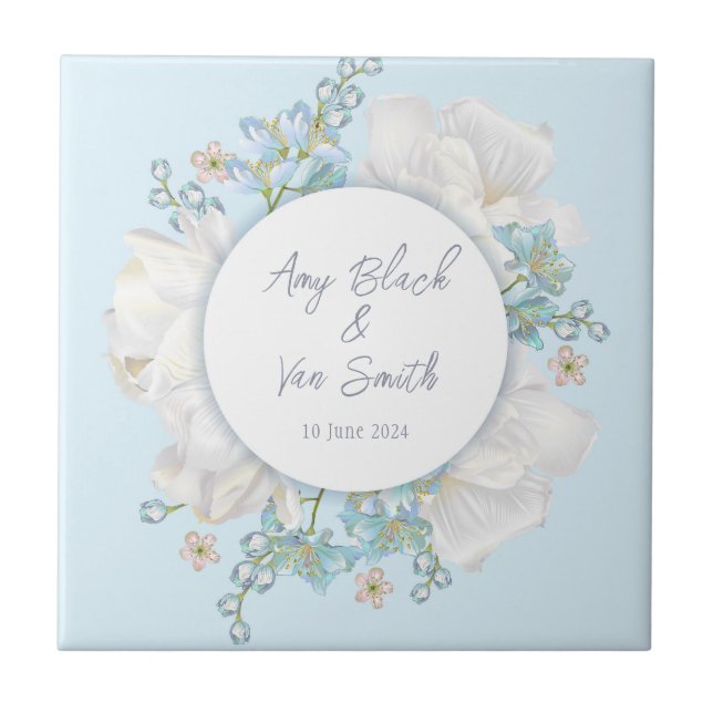 Tulip Blue Floral Wedding Ceramic Tile (Front)