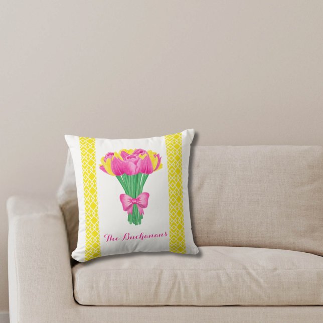 Tulip Bouquet with bow & stripe Custom name Cushion (Tulip Bouquet with bow & geometric designed Throw Pillow)