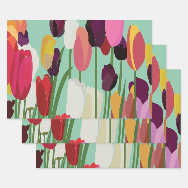 Tulip Colourful Flower Floral Pattern Tulip Wrapping Paper Sheet (Set)