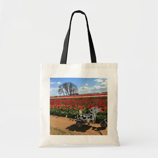 Tulip Field with Toy Cow, Oregon Tote Bag (Front)