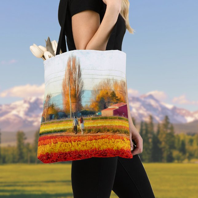 Tulip Fields Strolling Through Red Gold Flowers Tote Bag (Creator Uploaded)