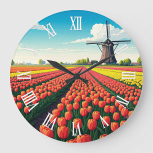 Tulip Fields Windmill Holland Netherlands Large Clock