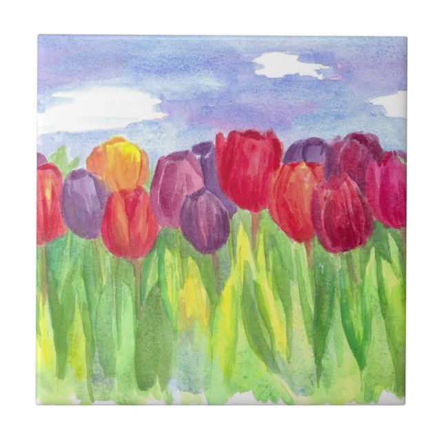 Tulip Flower Field Rainbow Watercolors Ceramic Tile (Front)