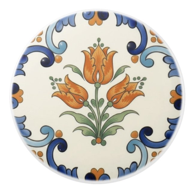 Tulip Flower Mediterranean Blue Orange Cream Ceramic Knob (Front)