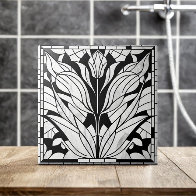 Tulip flower mosaic - Black and White Marble Ceramic Tile (Creator Uploaded)