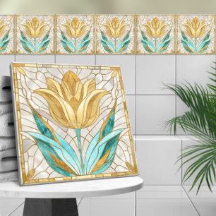 Tulip flower mosaic - Pearl, Aquamarine and Gold Ceramic Tile