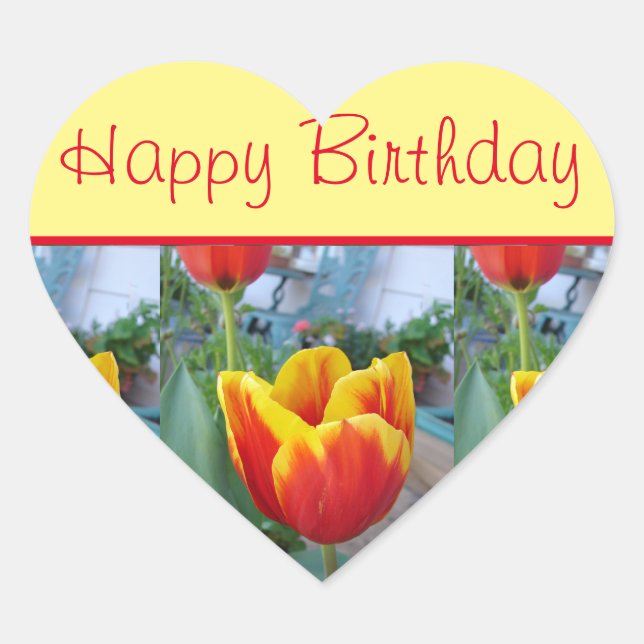 Tulip Flower Red Yellow floral Happy Birthday Heart Sticker (Front)