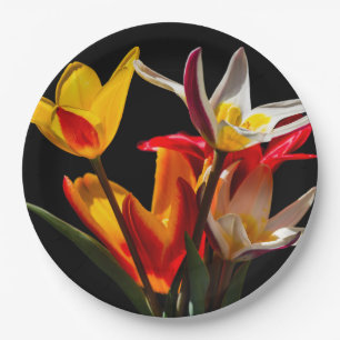 Tulip flowers against black background paper plate