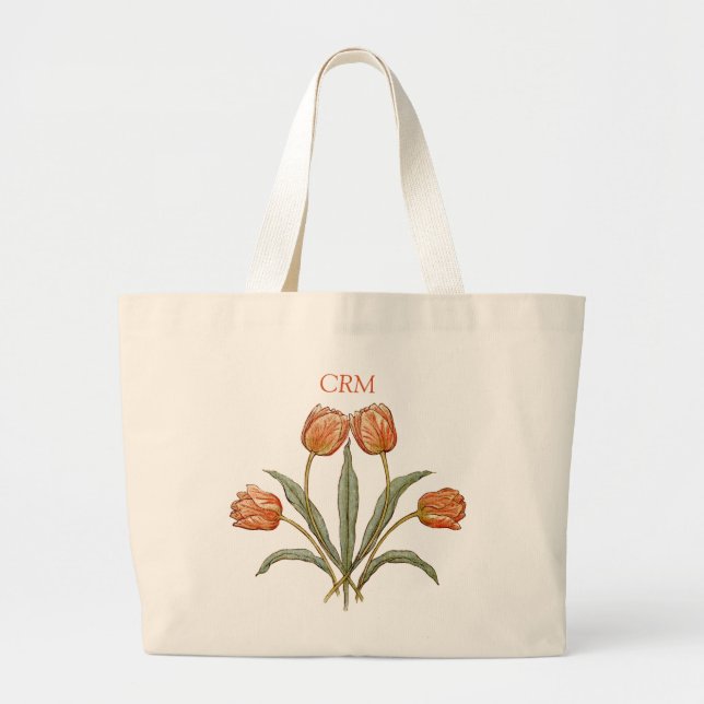 Tulip Flowers Botanical Stylish Summer or Initials Large Tote Bag (Front)