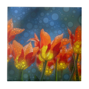Tulip Flowers On Blue Ceramic Tile