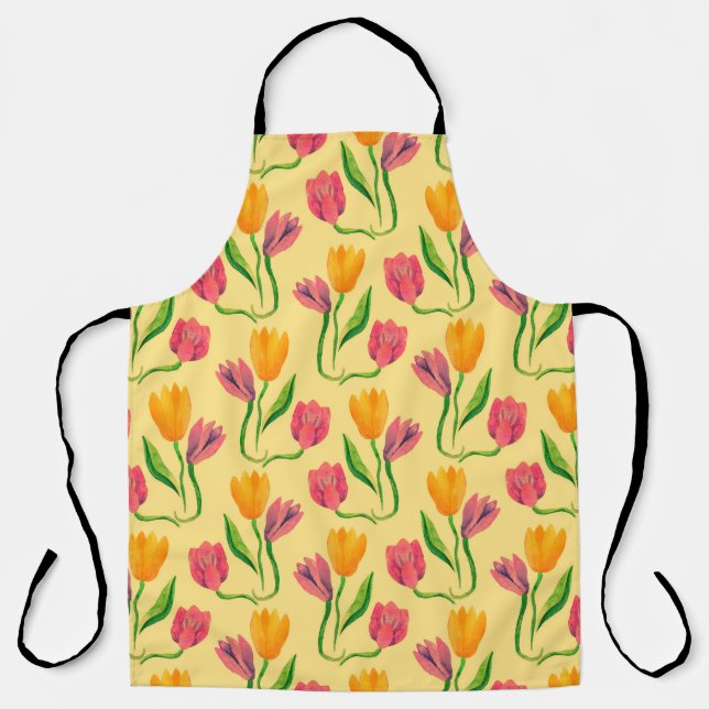 Tulip flowers watercolor seamless pattern apron (Front)