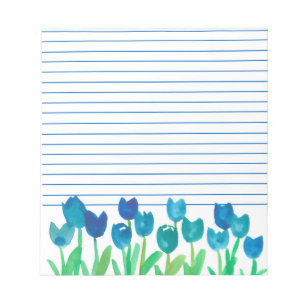 Tulip Garden Blue Watercolor Flowers Lined Notepad