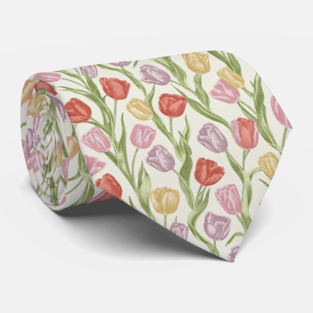 Tulip Garden Floral Pattern Tie (Rolled)