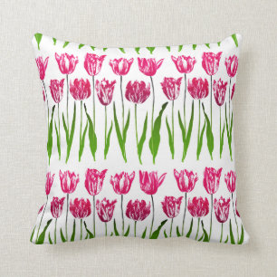 Tulip Garden Floral Print, Fuchsia Pink and Green Cushion