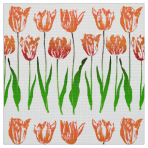 Tulip Garden Print in Coral Orange and Green Fabric