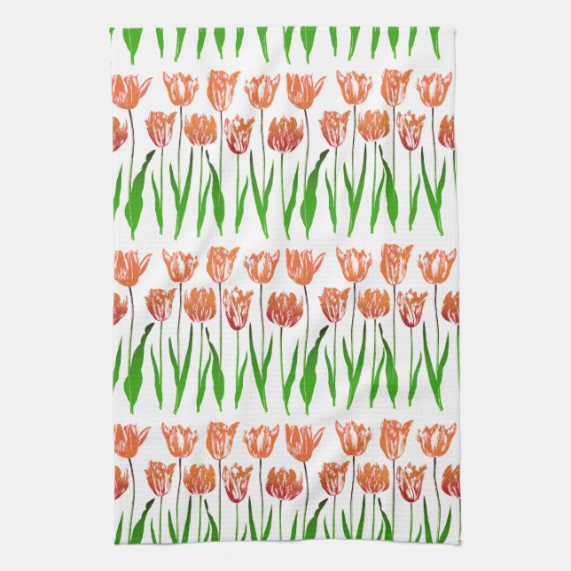Tulip Garden Print in Coral Orange and Green  Tea Towel (Vertical)