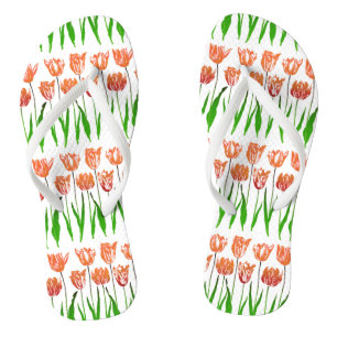 Tulip Garden Print in Coral Orange and Green Thongs