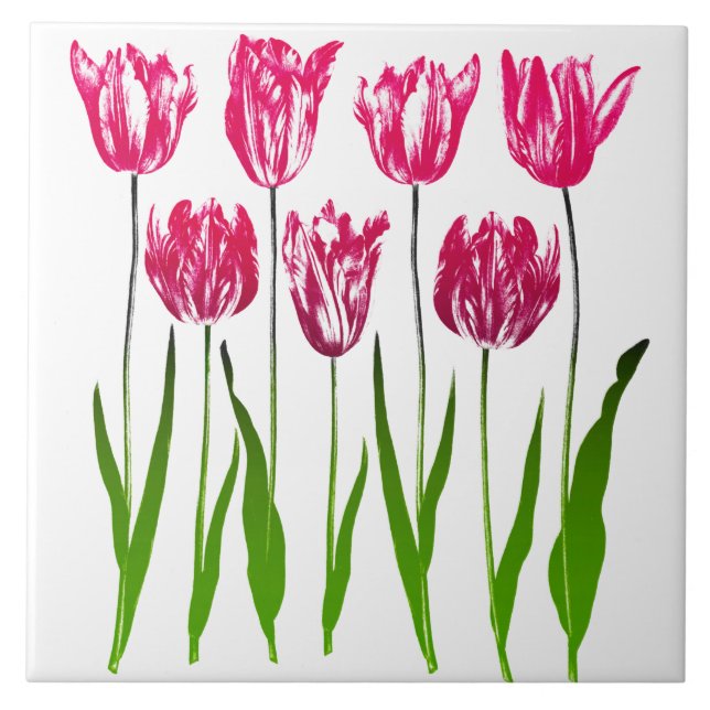 Tulip Garden Print in Fuchsia Pink and Green Ceramic Tile (Front)