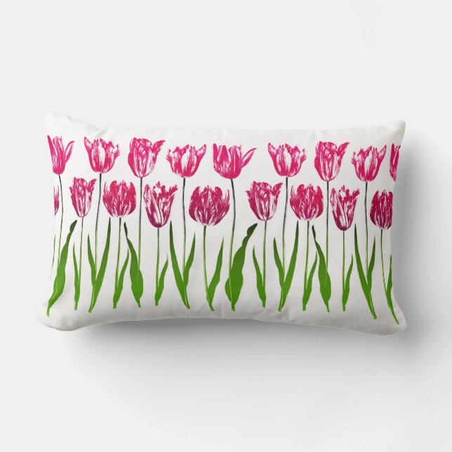 Tulip Garden Print in Fuchsia Pink and Green Lumba Lumbar Cushion (Front)