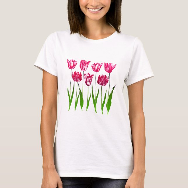 Tulip Garden Print in Fuchsia Pink and Green T-Shirt (Front)