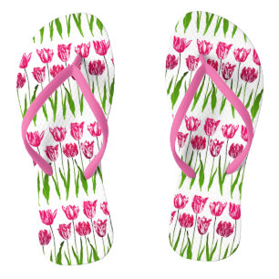 Tulip Garden Print in Fuchsia Pink and Green Thongs