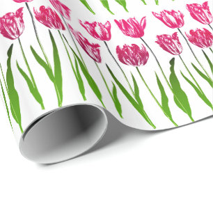Tulip Garden Print in Fuchsia Pink and Green Wrapping Paper