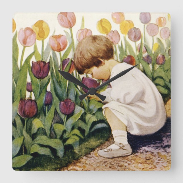 Tulip Garden Square Wall Clock (Front)