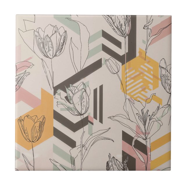 Tulip Line Art Pattern in Mustard & Blush Ceramic Tile (Front)