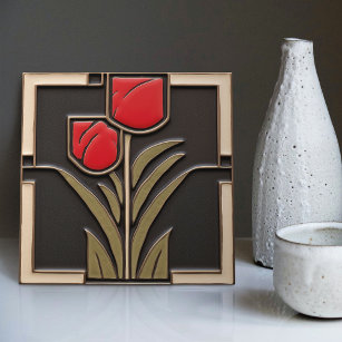 Tulip Love Abstract Red Flowers Mid-Century Decor Ceramic Tile