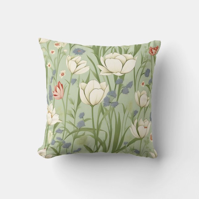 Tulip Meadow in Sage Green Cushion (Front)