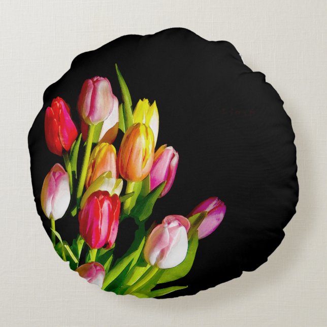 Tulip Painting - Original Flower Art Round Cushion (Back)