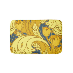 Tulip Pattern Print: Yellow Blue Art Nouveau Bath Mat