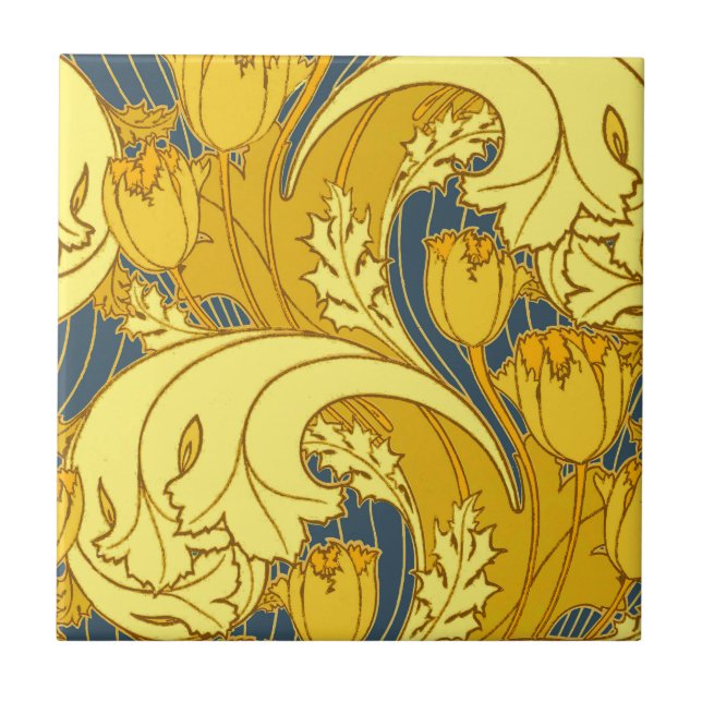 Tulip Pattern Print: Yellow Blue Art Nouveau Ceramic Tile (Front)