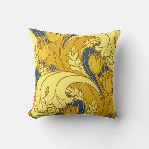 Tulip Pattern Print: Yellow Blue Art Nouveau Cushion