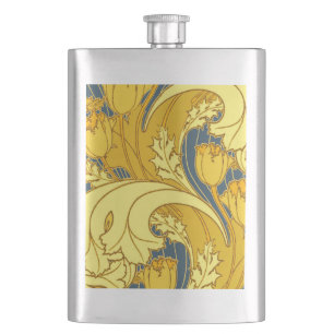 Tulip Pattern Print: Yellow Blue Art Nouveau Hip Flask