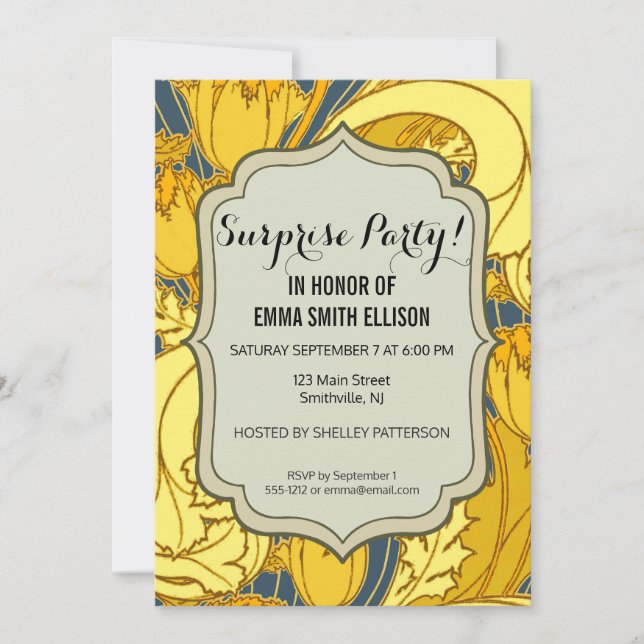 Tulip Pattern Print: Yellow Blue Art Nouveau Invitation (Front)